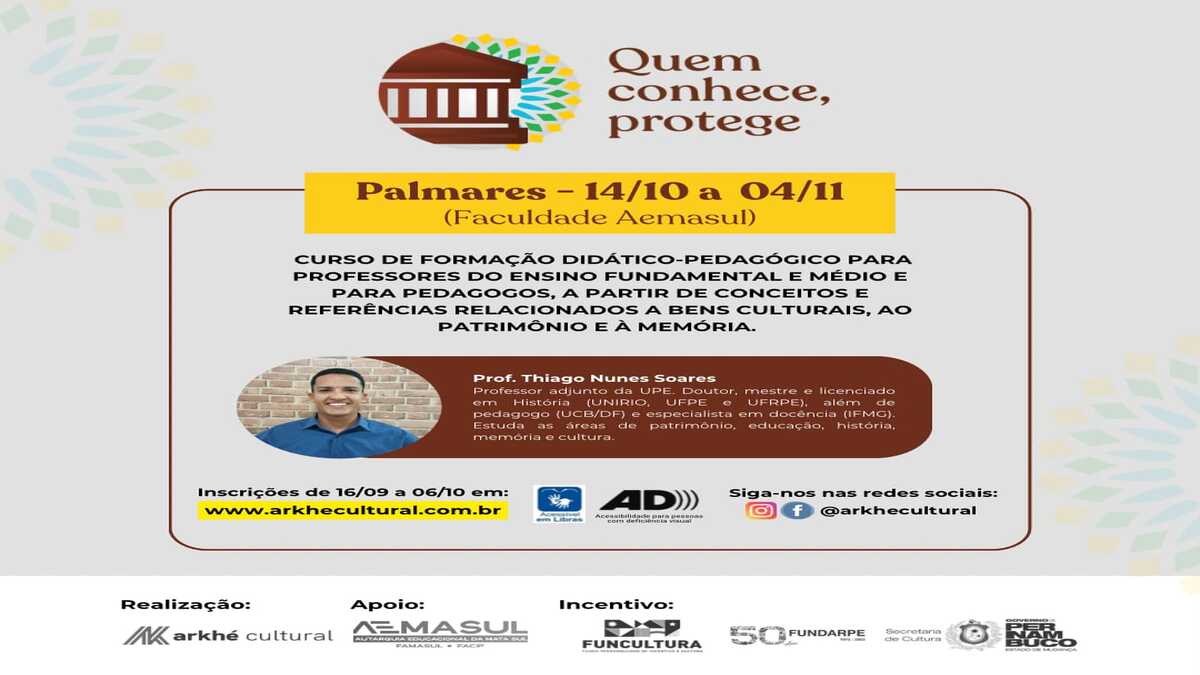 Palmares (PE) recebe curso gratuito com foco na preservação do patrimônio